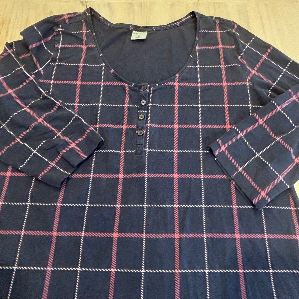 Soma XL Navy Blue Pink Plaid Henley Sleep Shirt Nightgown 3/4 Sleeve Knit XL